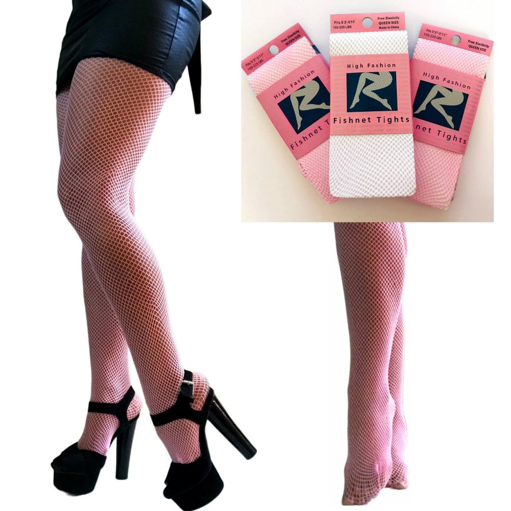 3-pack QUEEN Size Fishnet tights, fit 150- 225 lbs, 5'3- 5'11", Pink, White